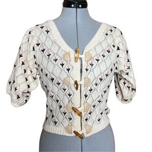 Manoush Cream Wool Coquette Hand-Knit Crop Cardigan, Flowers Wood Toggle Buttons